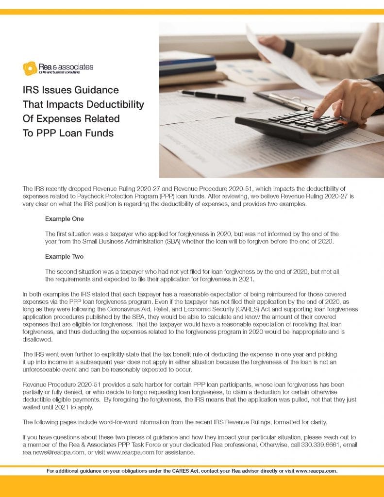 Whitepaper Download | IRS Issues Guidance That Impacts Deductibility Of Expenses Related To PPP Loan Funds | Rea & Associates | Ohio CPA Firm