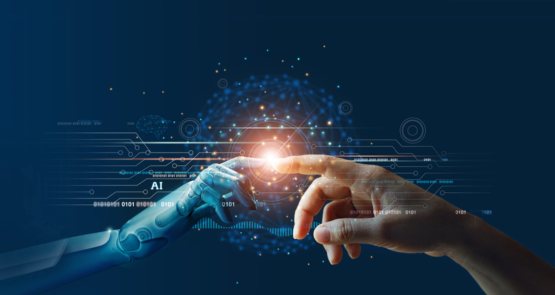AI, Machine learning, Hands of robot and human touching on big data network connection background, Science and artificial intelligence technology, innovation and futuristic, robot.